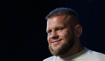 Marcin Tybura of Poland is interviewed backstage during the UFC Fight Night ceremonial weigh-in at The O2 Arena on July 21, 2023 in London, England. (Photo by Mike Roach/Zuffa LLC via Getty Images)