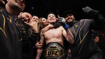 Brandon Moreno of Mexico reacts after his victory over Deiveson Figueiredo of Brazil in the UFC flyweight championship fight during the UFC 283 event at Jeunesse Arena on January 21, 2023 in Rio de Janeiro, Brazil. (Photo by Buda Mendes/Zuffa LLC