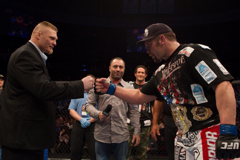 NEWARK, NJ - MARCH 27: Brock Lesnar fist bumps Shane Carwin during UFC 111 at Prudential Center on March 27, 2010 in Newark, New Jersey. (Photo by Josh Hedges/Zuffa LLC via Getty Images)