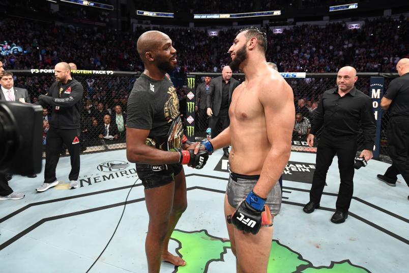 HOUSTON, TEXAS - FEBRUARY 08: (L-R) Jon Jones and Dominick Reyes interact after their light heavyweight championship bout during the UFC 247 event at Toyota Center on February 08, 2020 in Houston, Texas. (Photo by Josh Hedges/Zuffa LLC via Getty Images)