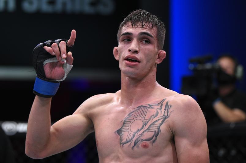 Jerome Rivera reacts after the conclusion of his flyweight bout against Luis Rodriguez during Dana White's Contender Series season 4 week one at UFC APEX on August 04, 2020 in Las Vegas, Nevada. (Photo by Chris Unger/DWCS LLC/Zuffa LLC)