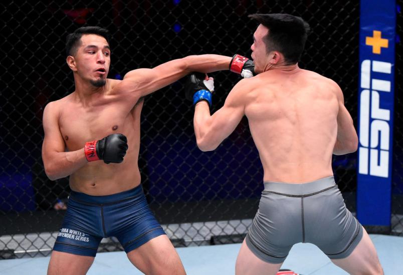 LAS VEGAS, NEVADA - AUGUST 11: (L-R) Adrian Yanez punches Brady Huang in a bantamweight fight during week two of Dana White's Contender Series season four at UFC APEX on August 11, 2020 in Las Vegas, Nevada. (Photo by Chris Unger/DWCS LLC/Zuffa LLC)
