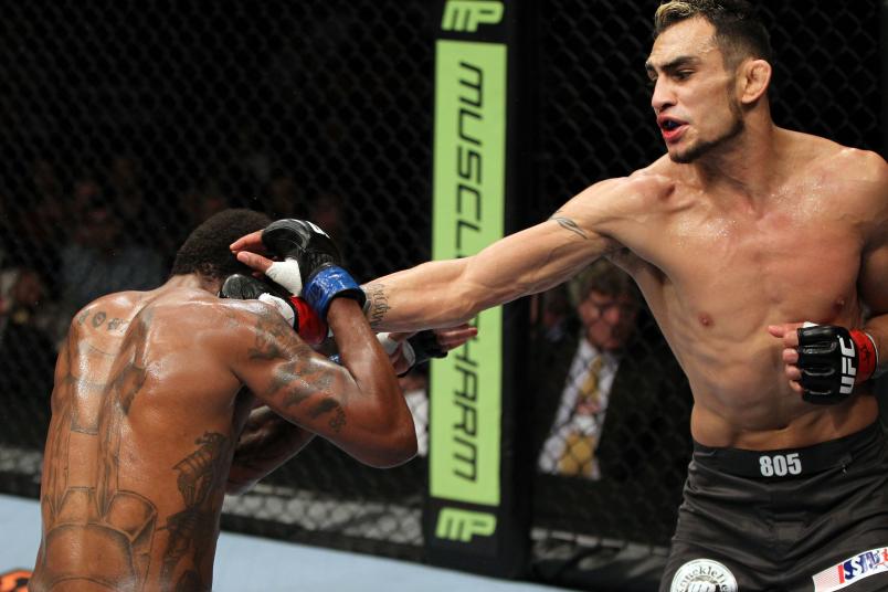EAST RUTHERFORD, NJ - MAY 05: Tony Ferguson in action against Michael Johnson during their Flyweight bout at Izod Center on May 5, 2012 in East Rutherford, New Jersey. (Photo by Josh Hedges/Zuffa LLC/Zuffa LLC via Getty Images)