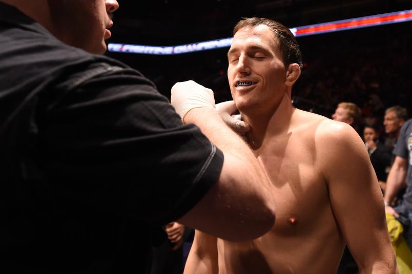 Joe Ellenberger prepares to enter the Octagon before facing Bryan Barberena in their lightweight fight during the UFC Fight Night event at the U.S. Airways Center on December 13, 2014 in Phoenix, Arizona. (Photo by Josh Hedges/Zuffa LLC via Getty Images)