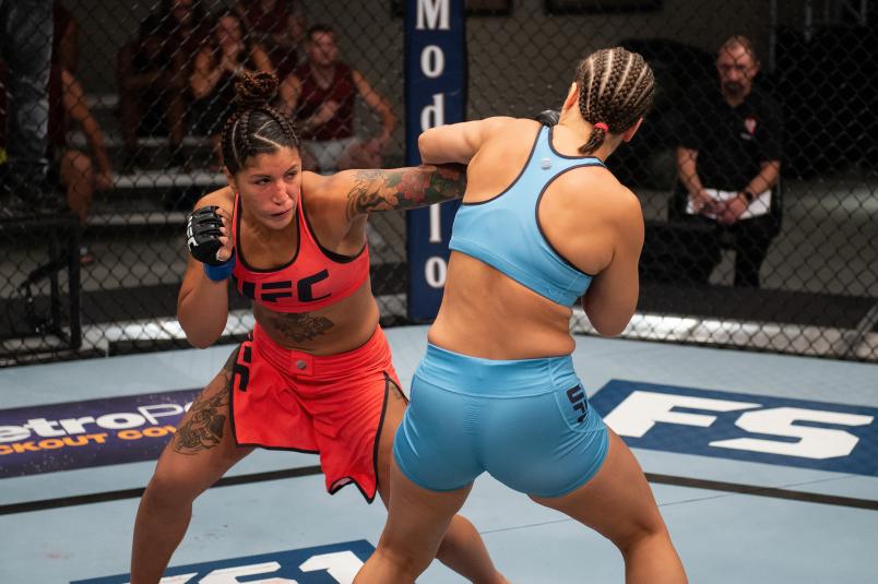 LAS VEGAS, NV - AUGUST 15: (L-R) Pannie Kianzad of Denmark punches Julija Stoliarenko of Lithuania during the filming of The Ultimate Fighter: Heavy Hitters on August 15, 2018 in Las Vegas, Nevada. (Photo by Chris Unger/Zuffa LLC/Zuffa LLC via Getty Images)