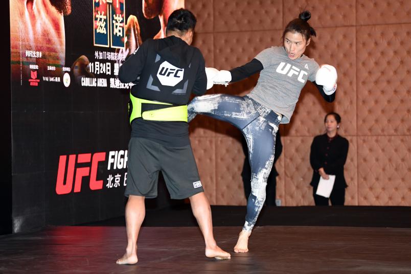  Weili Zhang interacts with media during the UFC Fight Night Ultimate Media Day on November 22, 2018 in Beijing, China. (Photo by Jeff Bottari/Zuffa LLC)