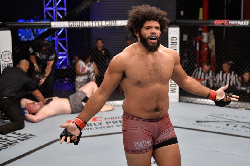 LAS VEGAS, NV - JULY 31: Juan Adams celebrates after his TKO victory over Shawn Teed in their heavyweight fight during Dana White's Tuesday Night Contender Series at the TUF Gym on July 31, 2018 in Las Vegas, Nevada. (Photo by Chris Unger/DWTNCS LLC)