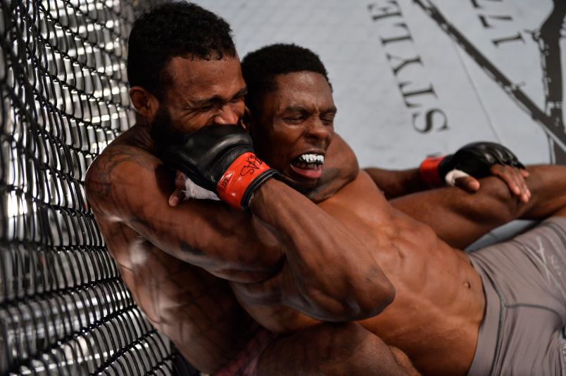 LAS VEGAS, NV - JULY 31: (L-R) Jordan Griffin secures a rear choke submission against Maurice Mitchell in their featherweight fight during Dana White's Tuesday Night Contender Series at the TUF Gym on July 31, 2018 in Las Vegas, Nevada. (Photo by Chris Unger/DWTNCS LLC)