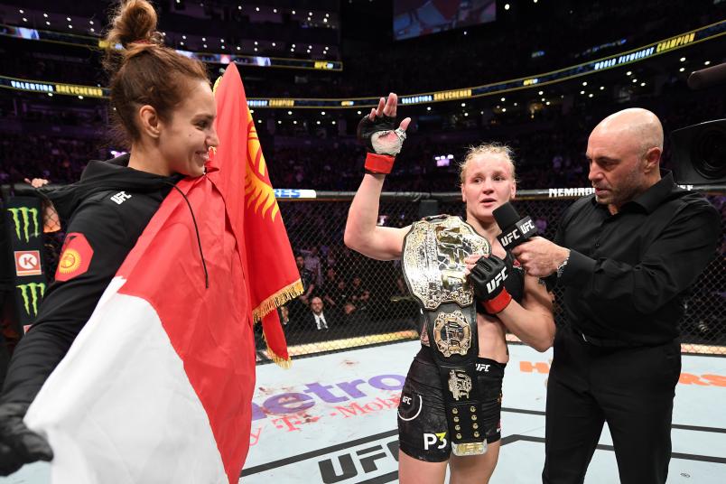 TORONTO, CANADA - DECEMBER 08: (L-R) Valentina Shevchenko of Kyrgyzstan celebrates her victory over Joanna Jedrzejczyk of Poland in their UFC strawweight championship fight during the UFC 231 event at Scotiabank Arena on December 8, 2018 in Toronto, Canada. (Photo by Josh Hedges/Zuffa LLC/Zuffa LLC via Getty Images)