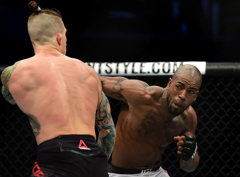 Bobby Green (R) punches Erik Koch in their lightweight bout during the UFC Fight Night event inside the Spectrum Center on January 27, 2018 in Charlotte, North Carolina. (Photo by Jared C. Tilton /Zuffa LLC)
