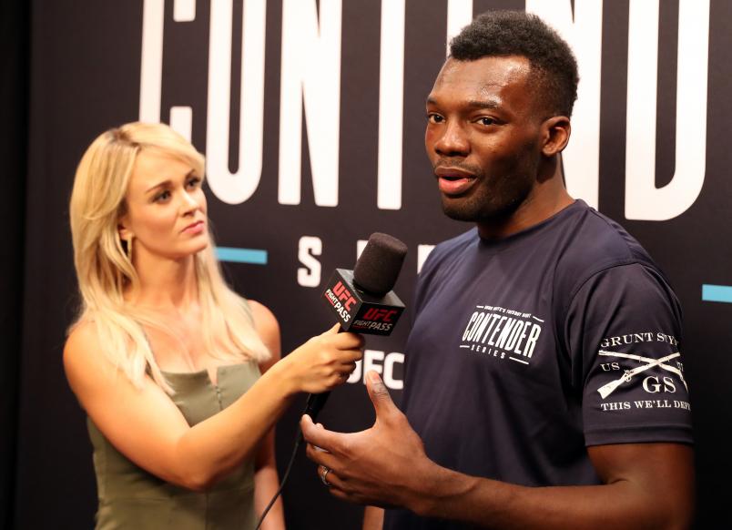 LAS VEGAS, NV - JUNE 19: Dwight Grant is interviewed by Laura Sanko after being awarded a contract during Dana White's Tuesday Night Contender Series at the TUF Gym on June 19, 2018 in Las Vegas, Nevada. (Photo by Chris Unger/DWTNCS LLC)