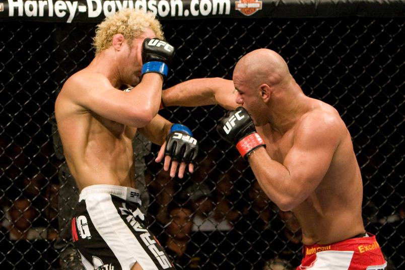 CHICAGO,IL - OCTOBER 25: Thiago Alves (red shorts) def. Josh Koscheck (black shorts) - Unanimous Decision during the UFC 90 at Allstate Arena on October 25,2008 in Chicago,Illinois. (Photo by: Josh Hedges/Zuffa LLC via Getty Images)