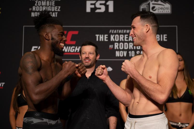 GOLDEN, CO - NOVEMBER 09: (L-R) Opponents Devonte Smith and Julian Erosa faceoff during the UFC Fight Night weigh-in on November 9, 2018 in Golden, Colorado. (Photo by Chris Unger/Zuffa LLC/Zuffa LLC via Getty Images)