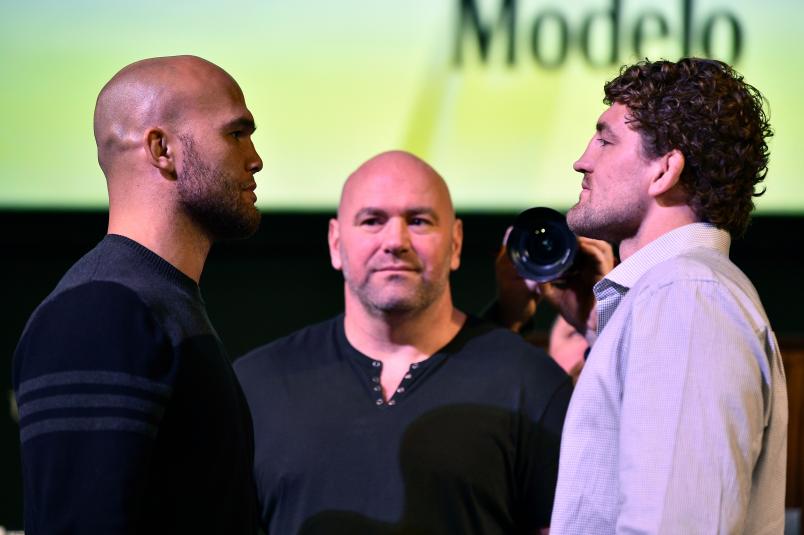 LAS VEGAS, NEVADA - JANUARY 31: (L-R) Opponents Robbie Lawler and Ben Askren face off during the UFC 235 Press Conference inside the David Copperfield Theater at MGM Grand on January 31, 2019 in Las Vegas, Nevada. (Photo by Chris Unger/Zuffa LLC/Zuffa LLC via Getty Images)