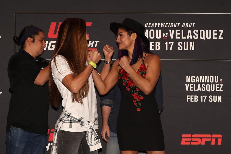 PHOENIX, ARIZONA - FEBRUARY 15: (L-R) Cortney Casey and Cynthia Calvillo face-off during a press conference for UFC Fight Night Ngannou vs. Velasquez at the Sheraton Grand Phoenix on February 15, 2019 in Phoenix, Arizona. (Photo by Christian Petersen/Zuffa LLC/Zuffa LLC)