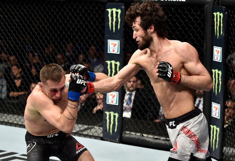 BROOKLYN, NEW YORK - APRIL 07: (R-L) Zabit Magomedsharipov of Russia punches Kyle Bochniak in their featherweight bout during the UFC 223 event inside Barclays Center on April 7, 2018 in Brooklyn, New York. (Photo by Jeff Bottari/Zuffa LLC/Zuffa LLC via Getty Images)