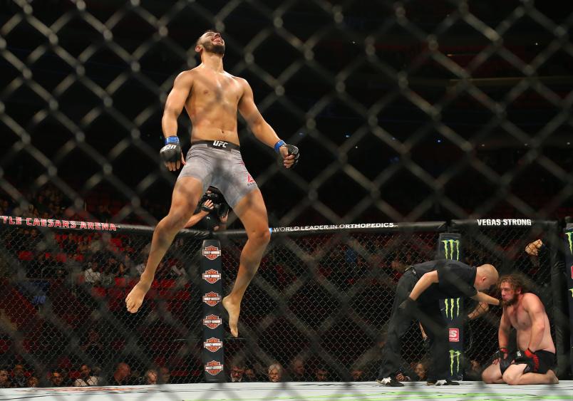 Dominick Reyes (L) celebrates after his bout against Jeremy Kimball during the UFC 218 event at Little Caesars Arena on December 2, 2017 in Detroit, Michigan. (Photo by Rey Del Rio/Zuffa LLC via Getty Images)