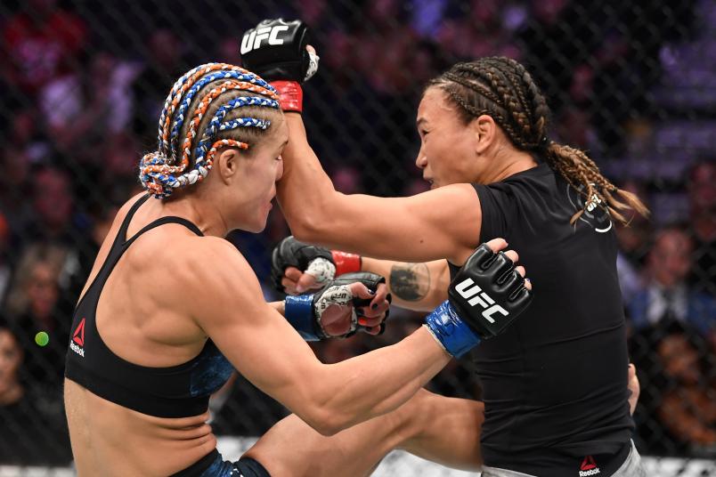 LAS VEGAS, NV - OCTOBER 06: Michelle Waterson (r) elbows Felice Herrig in their women's strawweight bout during the UFC 229 event inside T-Mobile Arena on October 6, 2018 in Las Vegas, Nevada. (Photo by Josh Hedges/Zuffa LLC/Zuffa LLC)