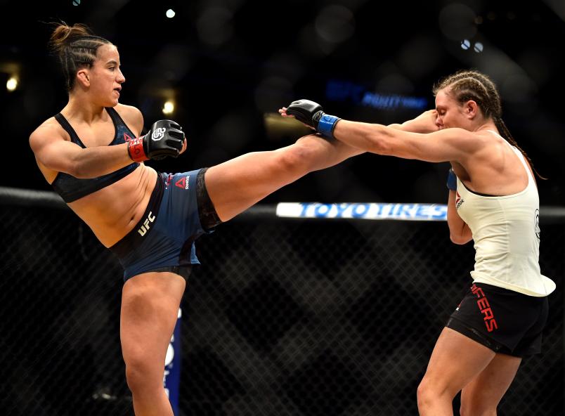 DENVER, CO - NOVEMBER 10: (L-R) Maycee Barber kicks Hannah Cifers in their women's strawweight bout during the UFC Fight Night event inside Pepsi Center on November 10, 2018 in Denver, Colorado. (Photo by Chris Unger/Zuffa LLC/Zuffa LLC via Getty Images)