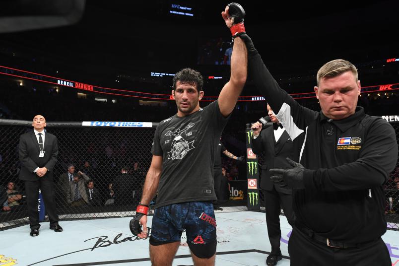 DENVER, CO - NOVEMBER 10: Beneil Dariush of Iran celebrates after defeating Thiago Moises of Brazil in their lightweight bout during the UFC Fight Night event inside Pepsi Center on November 10, 2018 in Denver, Colorado. (Photo by Josh Hedges/Zuffa LLC/Zuffa LLC via Getty Images)