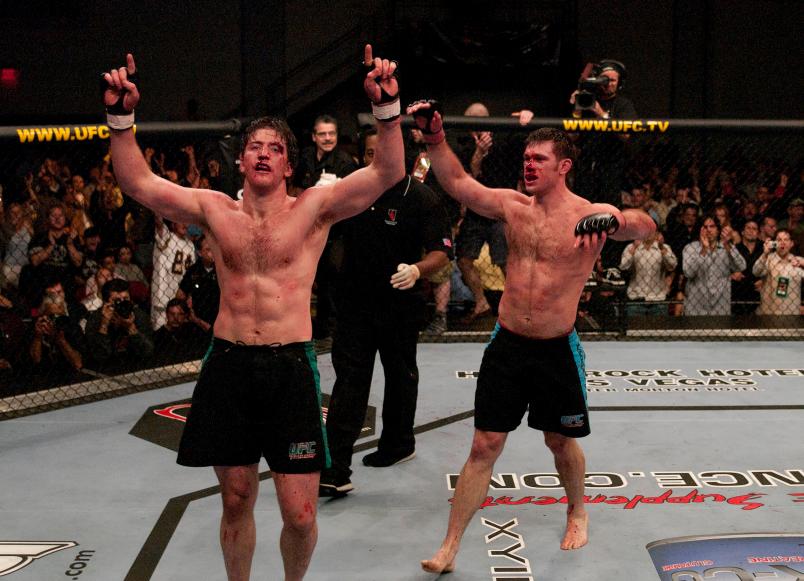 LAS VEGAS, NV - APRIL 09: (L-R) Stephan Bonnar and Forrest Griffin react after their historic three-round battle during the Light Heavyweight Final bout during the live Ultimate Fighter Season Finale at the Cox Pavilion on April 9, 2005 in Las Vegas, Nevada. (Photo by Josh Hedges/Zuffa LLC/Zuffa LLC via Getty Images)