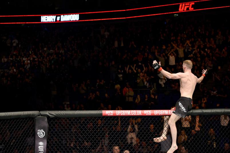LONDON, ENGLAND - MARCH 17: Danny Henry of Scotland celebrates after submitting Hakeem Dawodu in their featherweight bout inside The O2 Arena on March 17, 2018 in London, England. (Photo by Brandon Magnus/Zuffa LLC/Zuffa LLC via Getty Images)