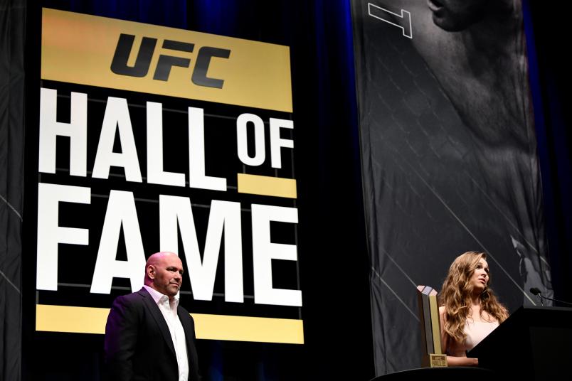 LAS VEGAS, NV - JULY 05: Ronda Rousey speaks after her induction into the UFC Hall of Fame during the UFC Hall of Fame Class of 2018 Induction Ceremony inside The Pearl concert theater at Palms Casino Resort on July 5, 2018 in Las Vegas, Nevada. (Photo by Brandon Magnus/Zuffa LLC/Zuffa LLC via Getty Images)