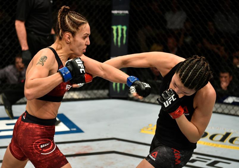 LAS VEGAS, NV - NOVEMBER 30: (L-R) Antonina Shevchenko of Kyrgyzstan punches Ji Yeon Kim of South Korea during The Ultimate Fighter Finale event inside The Pearl concert theater at Palms Casino Resort on November 30, 2018 in Las Vegas, Nevada. (Photo by Chris Unger/Zuffa LLC/Zuffa LLC via Getty Images)