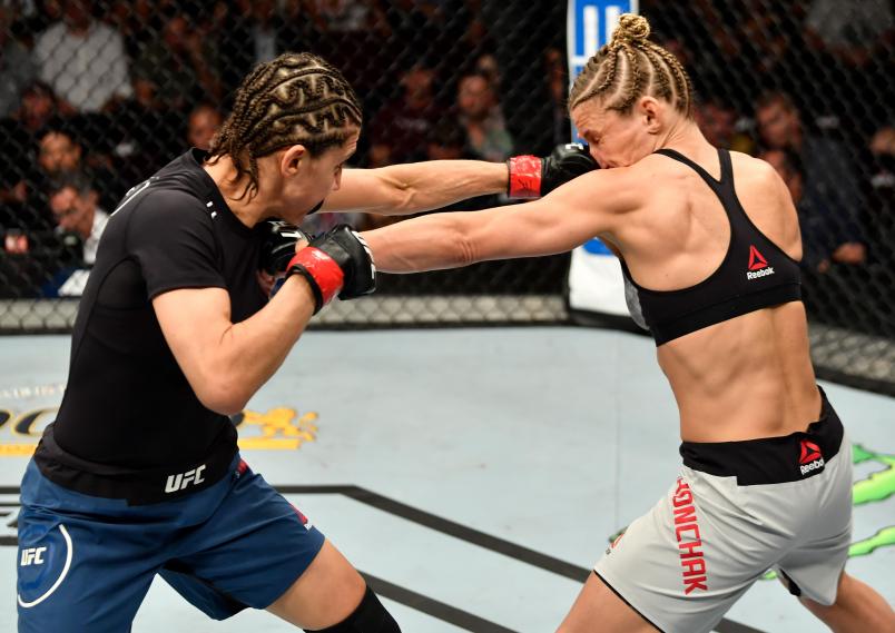 LAS VEGAS, NV - JULY 06: (L-R) Roxanne Modafferi and Barb Honchak trade punches in their women's flyweight bout during The Ultimate Fighter Finale event inside The Pearl concert theater at Palms Casino Resort on July 6, 2018 in Las Vegas, Nevada. (Photo by Jeff Bottari/Zuffa LLC/Zuffa LLC via Getty Images)