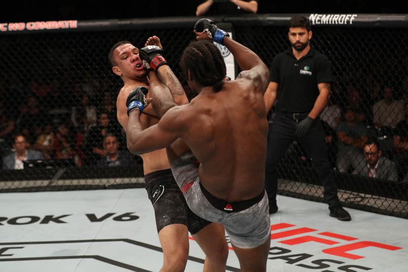 Ryan Spann kicks Luis Henrique of Brazil in their light heavyweight bout during the UFC Fight Night event at Ibirapuera Gymnasium on September 22, 2018 in Sao Paulo, Brazil. (Photo by Buda Mendes/Zuffa LLC)