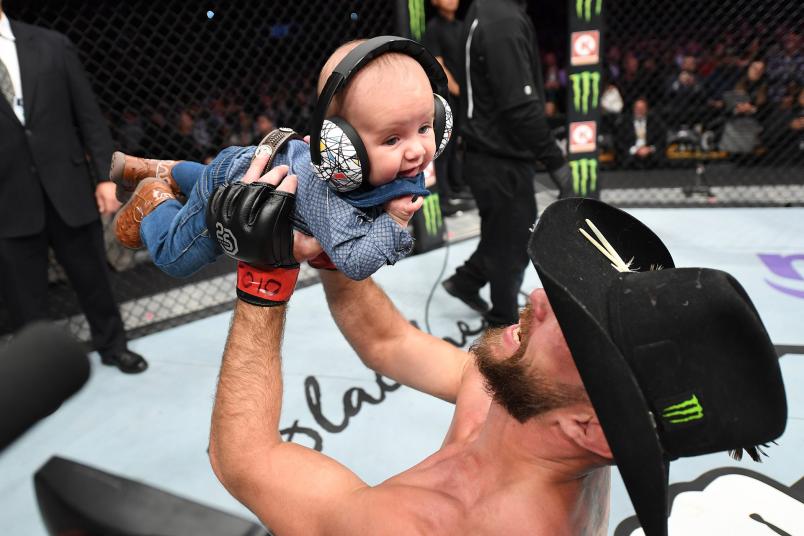 Donald Cerrone celebrates with his son Dacson Danger Cerrone after defeating Mike Perry by submission in their welterweight bout during the UFC Fight Night event inside Pepsi Center on November 10, 2018 in Denver, Colorado. (Photo by Josh Hedges/Zuffa LLC)