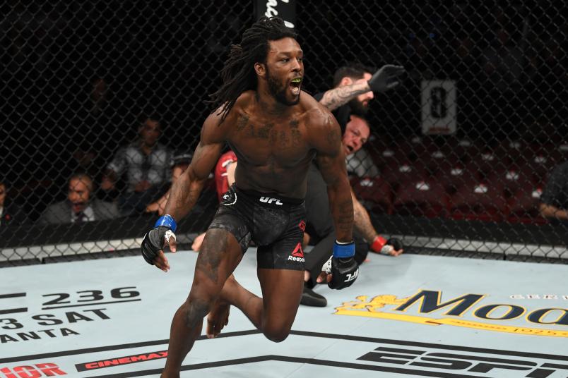 PHILADELPHIA, PA - MARCH 30: (L-R) Desmond Green reacts after defeating Ross Pearson of England by TKO via punches in their lightweight bout during the UFC Fight Night event at Wells Fargo Center on March 30, 2019 in Philadelphia, Pennsylvania. (Photo by Josh Hedges/Zuffa LLC/Zuffa LLC via Getty Images)