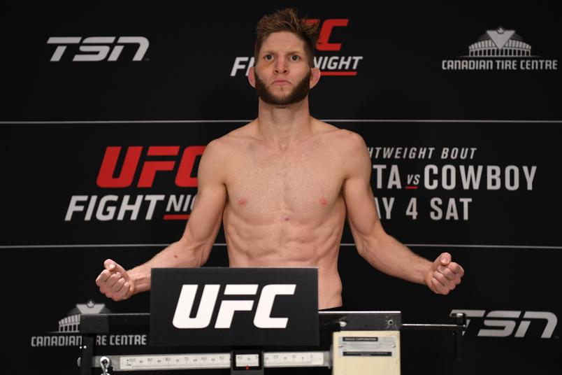 OTTAWA, ON - MAY 03: Cole Smith poses on the scale during the UFC Fight Night weigh-in at Andaz Ottawa Byward Market on March 03, 2019 in Ottawa, Ontario, Canada. (Photo by Jeff Bottari/Zuffa LLC/Zuffa LLC via Getty Images)