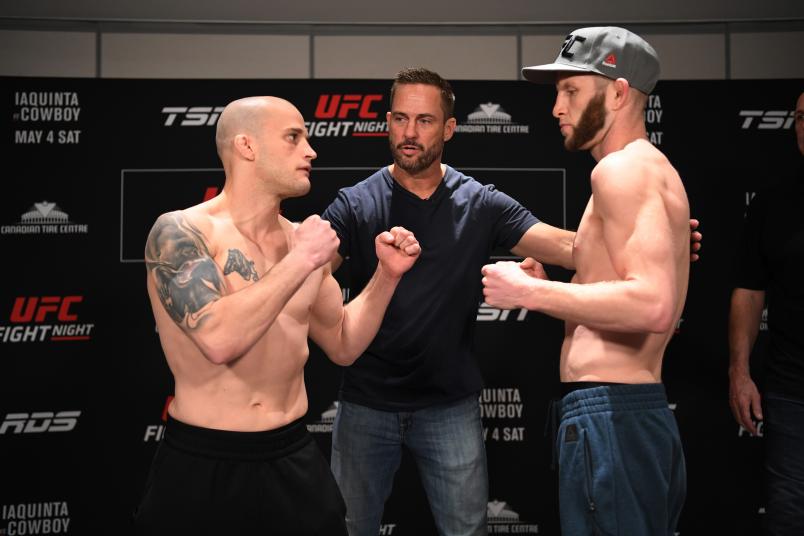 OTTAWA, ON - MAY 03: (L-R) Mitch Gagnon of Canada and Cole Smith of Canada face off during the UFC Fight Night weigh-in at Andaz Ottawa Byward Market on May 3, 2019 in Ottawa, Ontario, Canada. (Photo by Jeff Bottari/Zuffa LLC/Zuffa LLC via Getty Images)