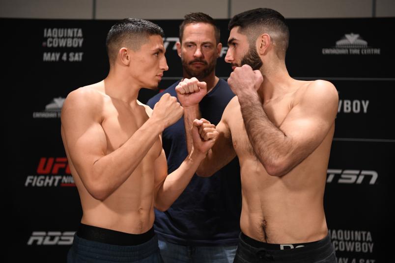 OTTAWA, ON - MAY 03: (L-R) Vince Morales and Aiemann Zahabi of Canada face off during the UFC Fight Night weigh-in at Andaz Ottawa Byward Market on May 3, 2019 in Ottawa, Ontario, Canada. (Photo by Jeff Bottari/Zuffa LLC/Zuffa LLC via Getty Images)