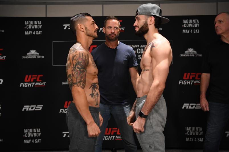 OTTAWA, ON - MAY 03: (L-R) Cub Swanson and Shane Burgos face off during the UFC Fight Night weigh-in at Andaz Ottawa Byward Market on May 3, 2019 in Ottawa, Ontario, Canada. (Photo by Jeff Bottari/Zuffa LLC/Zuffa LLC via Getty Images)
