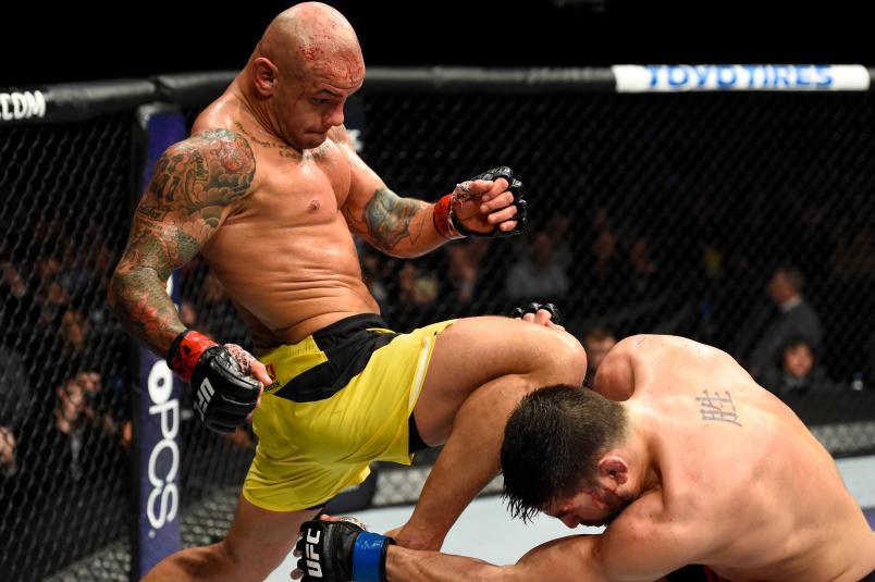 BUFFALO, NY - APRIL 08: Thiago Alves of Brazil (L) lands a kick on Patrick Cote of Canada in their welterweight bout during the UFC 210 event at KeyBank Center on April 8, 2017 in Buffalo, New York. (Photo by Josh Hedges/Zuffa LLC/Zuffa LLC via Getty Images)