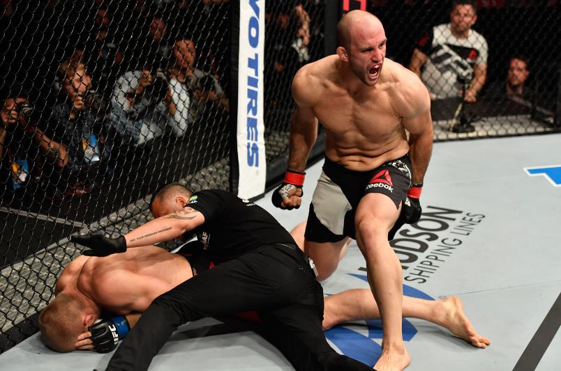 STOCKHOLM, SWEDEN - MAY 28: (R-L) Volkan Oezdemir celebrates his knockout victory over Misha Cirkunov in their light heavyweight fight during the UFC Fight Night event at the Ericsson Globe Arena on May 28, 2017 in Stockholm, Sweden. (Photo by Jeff Bottari/Zuffa LLC/Zuffa LLC via Getty Images)