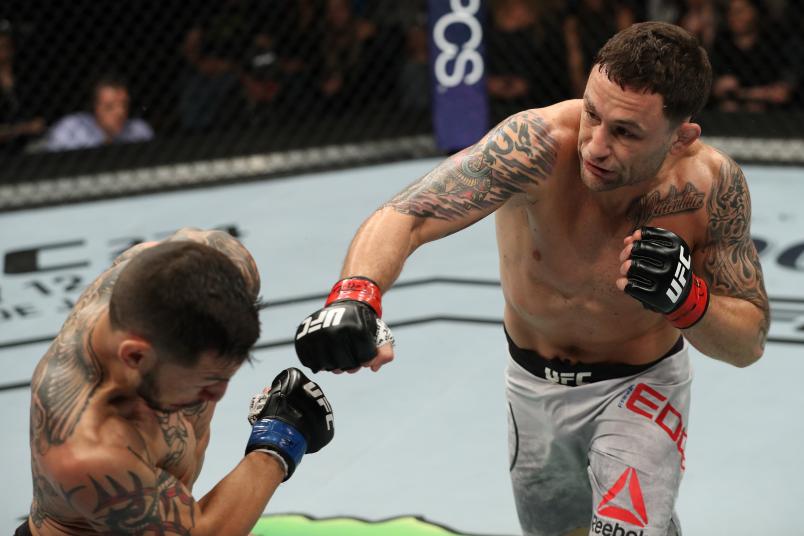 ATLANTIC CITY, NJ - APRIL 21: (R-L) Frankie Edgar punches Cub Swanson in their featherweight fight during the UFC Fight Night event at the Boardwalk Hall on April 21, 2018 in Atlantic City, New Jersey. (Photo by Patrick Smith/Zuffa LLC/Zuffa LLC via Getty Images)
