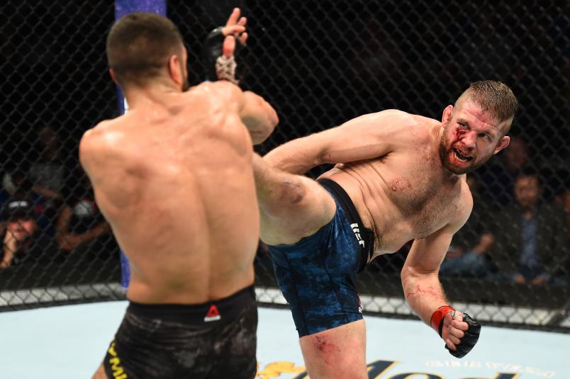 UTICA, NY - JUNE 01: (R-L) Nik Lentz kicks David Teymur of Sweden in their lightweight fight during the UFC Fight Night event at the Adirondack Bank Center on June 1, 2018 in Utica, New York. (Photo by Josh Hedges/Zuffa LLC/Zuffa LLC via Getty Images)