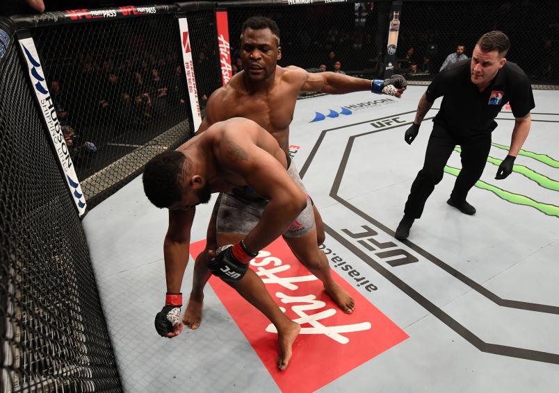 BEIJING, CHINA - NOVEMBER 24: (R-L) Francis Ngannou of Cameroon punches Curtis Blaydes in their heavyweight bout during the UFC Fight Night event inside Cadillac Arena on November 24, 2018 in Beijing, China. (Photo by Jeff Bottari/Zuffa LLC/Zuffa LLC via Getty Images)
