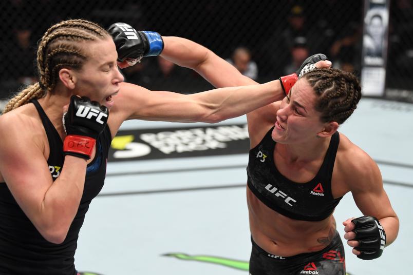 TORONTO, CANADA - DECEMBER 08: (R-L) Jessica Eye and Katlyn Chookagian exchange punches in their flyweight fight during the UFC 231 event at Scotiabank Arena on December 8, 2018 in Toronto, Canada. (Photo by Josh Hedges/Zuffa LLC/Zuffa LLC via Getty Images)
