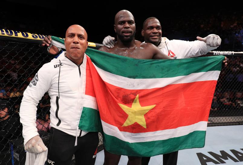 FORTALEZA, BRAZIL - FEBRUARY 02: Jairzinho Rozenstruik of Suriname celebrates after his knockout victory over Junior Albini of Brazil in their heavyweight fight during the UFC Fight Night event at CFO Centro de Formacao Olimpica on February 2, 2019 in Fortaleza, Brazil. (Photo by Buda Mendes/Zuffa LLC/Zuffa LLC via Getty Images)