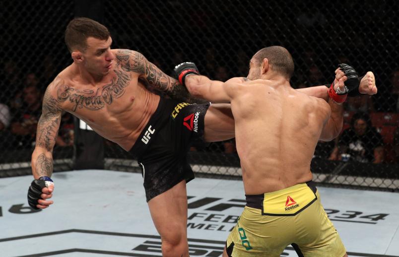 FORTALEZA, BRAZIL - FEBRUARY 02: (L-R) Renato Moicano of Brazil kicks Jose Aldo of Brazil in their featherweight fight during the UFC Fight Night event at CFO Centro de Formacao Olimpica on February 2, 2019 in Fortaleza, Brazil. (Photo by Buda Mendes/Zuffa LLC/Zuffa LLC via Getty Images)
