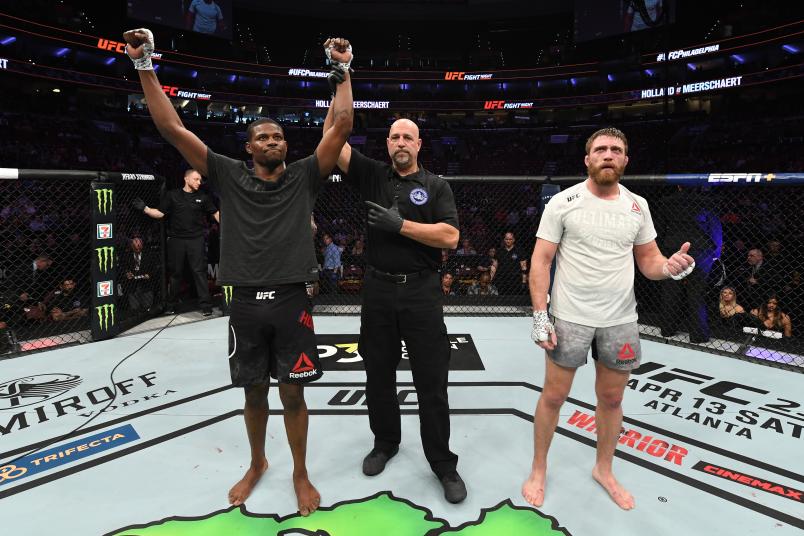 PHILADELPHIA, PA - MARCH 30: (L-R) Kevin Holland celebrates after defeating Gerald Meerschaert by split decision in their middleweight bout during the UFC Fight Night event at Wells Fargo Center on March 30, 2019 in Philadelphia, Pennsylvania. (Photo by Josh Hedges/Zuffa LLC/Zuffa LLC via Getty Images)