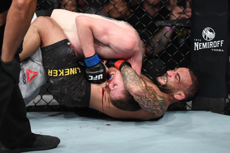 SUNRISE, FL - APRIL 27: (R-L) John Lineker of Brazil attempts to submit Cory Sandhagen in their bantamweight bout during the UFC Fight Night event at BB&T Center on April 27, 2019 in Sunrise, Florida. (Photo by Jeff Bottari/Zuffa LLC/Zuffa LLC via Getty Images)
