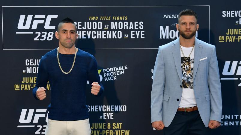 Ricardo Lamas and Calvin Kattar pose for the media during the UFC 238 Ultimate Media Day at the United Center on June 6, 2019 in Chicago, Illinois. (Photo by Jeff Bottari/Zuffa LLC)
