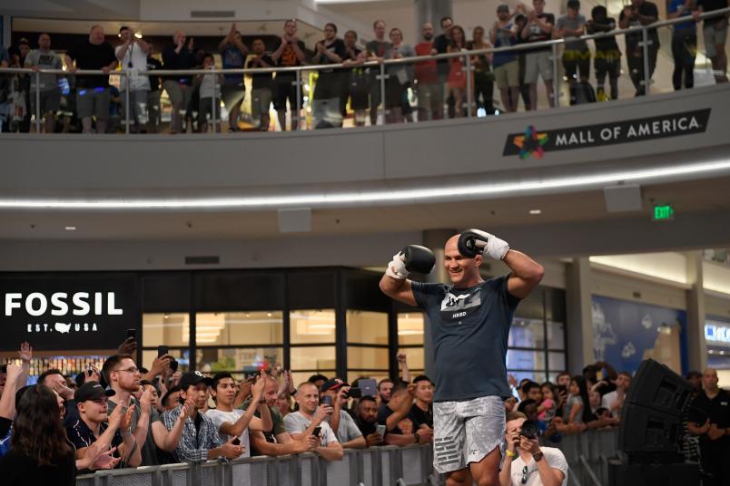 Junior Dos Santos celebrates at the UFC Fight Night Ngannou v Dos Santos: Open Workouts at Mall of America on June 26, 2019 in Bloomington, Minnesota. (Photo by Hannah Foslien/Zuffa LLC)