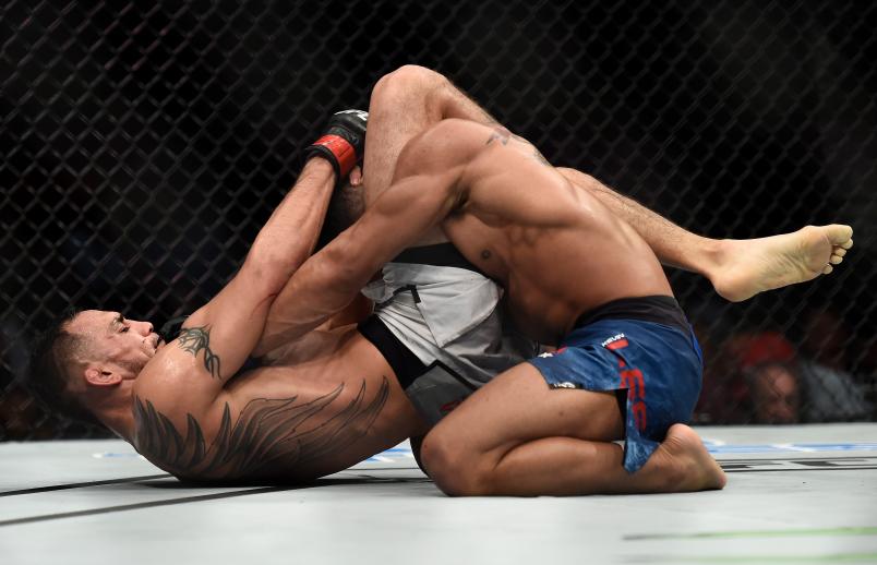 LAS VEGAS, NV - OCTOBER 07: Tony Ferguson secures a triangle choke submission to defeat Kevin Lee in their interim UFC lightweight championship bout during the UFC 216 event inside T-Mobile Arena on October 7, 2017 in Las Vegas, Nevada. (Photo by Brandon Magnus/Zuffa LLC/Zuffa LLC via Getty Images)