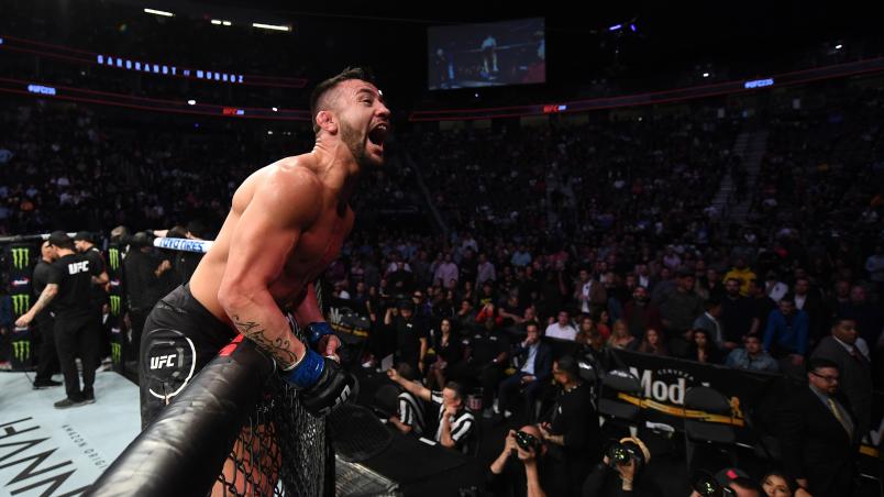 LAS VEGAS, NV - MARCH 02: Pedro Munhoz of Brazil celebrates his victory over Cody Garbrandt in their bantamweight bout during the UFC 235 event at T-Mobile Arena on March 2, 2019 in Las Vegas, Nevada. (Photo by Jeff Bottari/Zuffa LLC/Zuffa LLC)